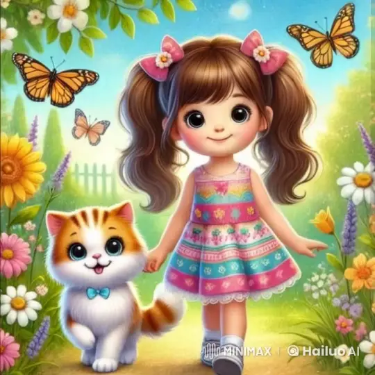 Girl and Kitten Stroll Through a Blooming Garden – AI Generated Video | Hailuo AI