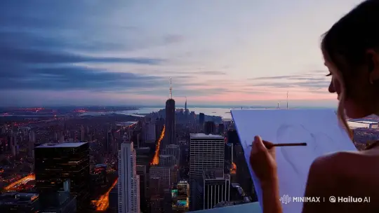 Artist at Twilight: Serene Creation Above the City – AI Generated Video | Hailuo AI