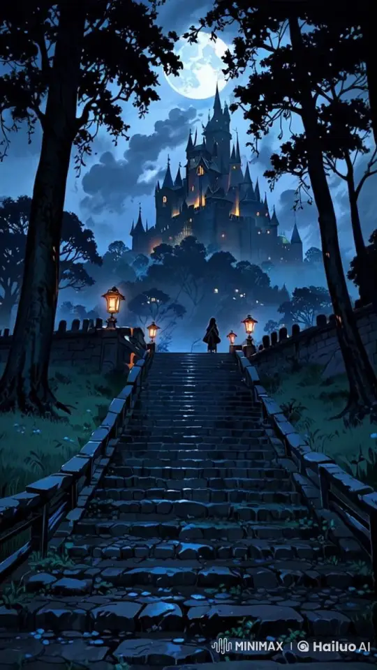 Mysterious Figure Ascends to Enchanted Castle at Night – AI Generated Video | Hailuo AI