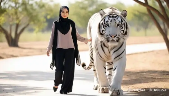 Woman and White Tiger Enjoy Peaceful Walk – AI Generated Video | Hailuo AI