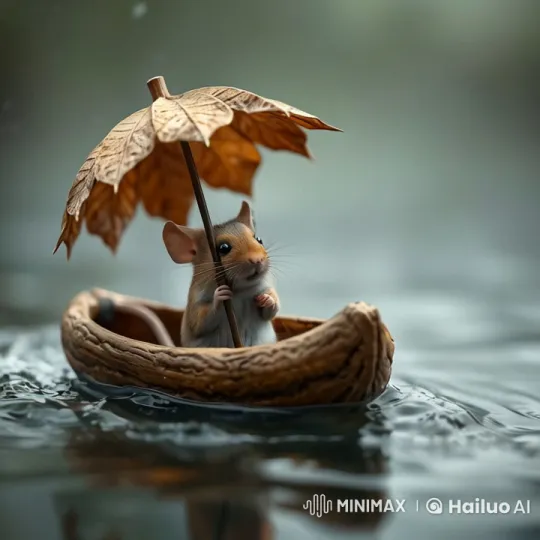 Mouse Navigates Serene Rain in Nutshell Boat – AI Generated Video | Hailuo AI