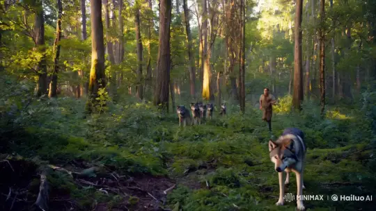 Man Fleeing Through Lush Forest with Wolves in Pursuit – AI Generated Video | Hailuo AI