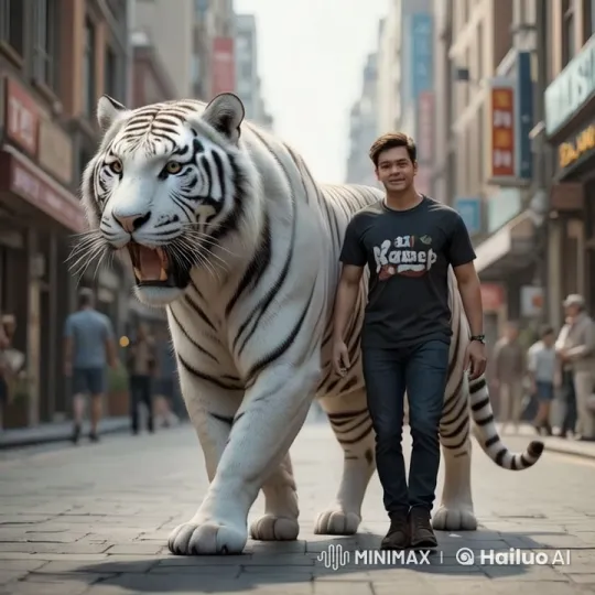 Man Walks with White Tiger in City Street – AI Generated Video | Hailuo AI