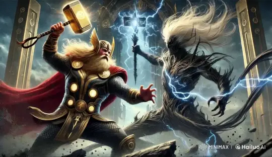 Thor vs. Knull: Epic Battle Amidst Ruined Asgard – AI Generated Video | Hailuo AI