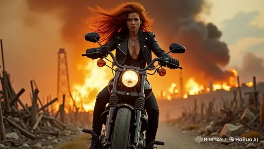 Fierce Woman on Motorcycle in Burning Cityscape – AI Generated Video | Hailuo AI