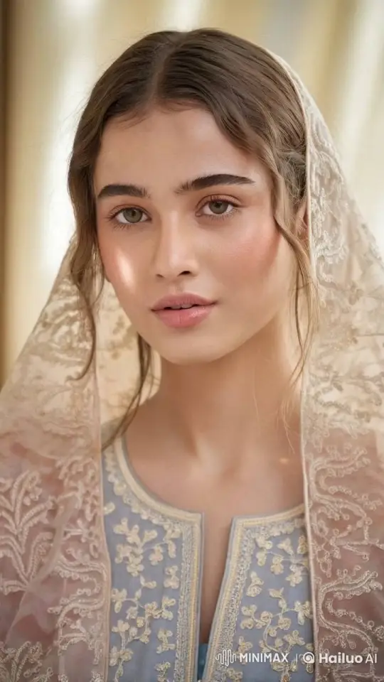 Graceful Woman in Embroidered Blue Attire with Lace Dupatta – AI Generated Video | Hailuo AI