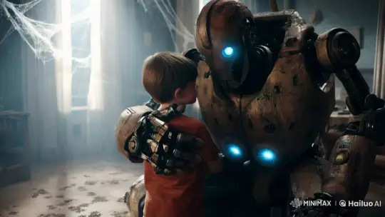 Boy Bonds with Ancient Robot in Aesthetic Scene – AI Generated Video | Hailuo AI