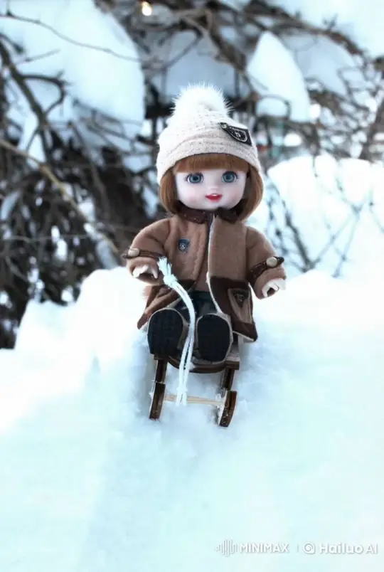 Doll Enjoying Sled Ride in Winter Wonderland – AI Generated Video | Hailuo AI