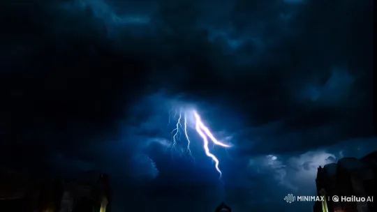 Title: The Darkness Behind One World, One Ruler
Opening Scene (0:00 - 0:20):
Visual: A dark, stormy sky with thunder and lightning, the camera's aperture wide to capture the stark contrast between the flashes of light and the surrounding gloom.
Narration – AI Generated Video | Hailuo AI