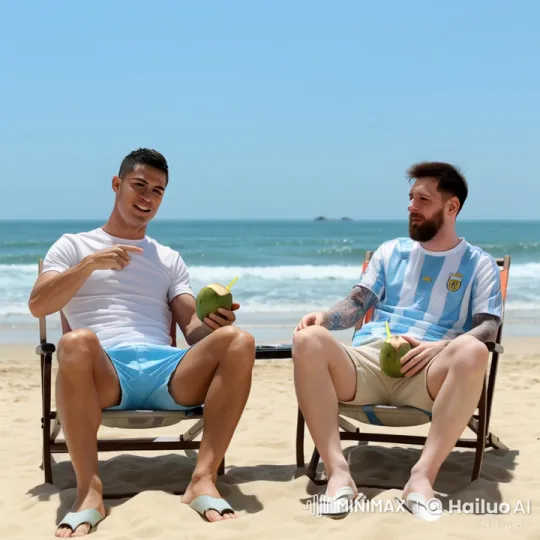Seaside Chat: Friends Enjoying Coconuts on the Beach – AI Generated Video | Hailuo AI