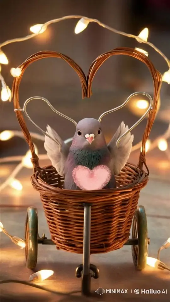 Pigeon in Basket Smiles with Heart Wings – AI Generated Video | Hailuo AI