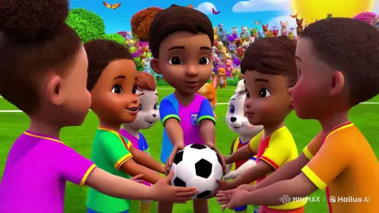 Diverse Children Huddle in Unity on Animated Soccer Field – AI Generated Video | Hailuo AI