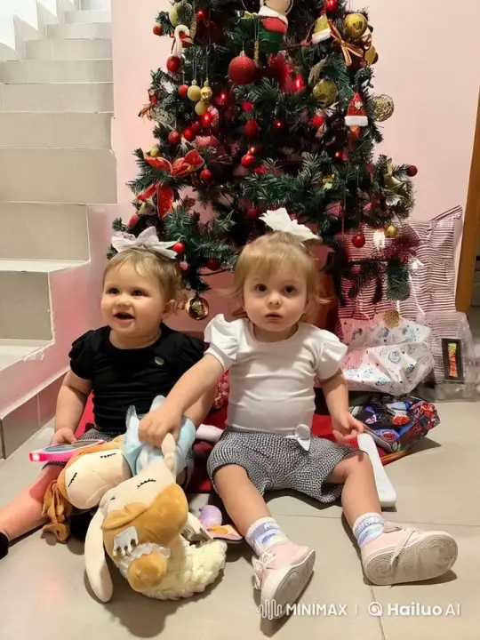 Toddlers Embrace Under Christmas Tree – AI Generated Video | Hailuo AI