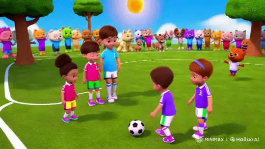 Colorful Kids and Cheerful Animals Play Soccer in Cartoonish 3D Style – AI Generated Video | Hailuo AI
