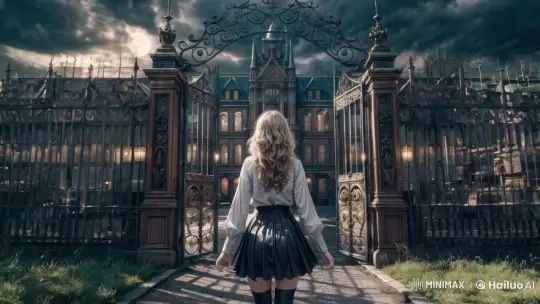 Mystery School Entrance: Girl Approaches Grand Mansion – AI Generated Video | Hailuo AI