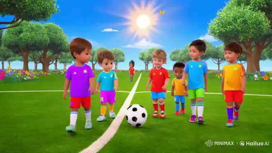 Diverse Children Celebrate Teamwork on a Vivid Soccer Field – AI Generated Video | Hailuo AI
