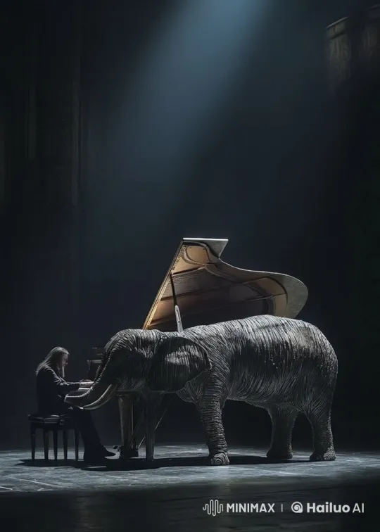Pianist Performs Haunting Melody on Elephant-Decorated Grand Piano – AI Generated Video | Hailuo AI