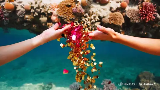 Hands Release Confetti Over Serene Seashell Beach – AI Generated Video | Hailuo AI