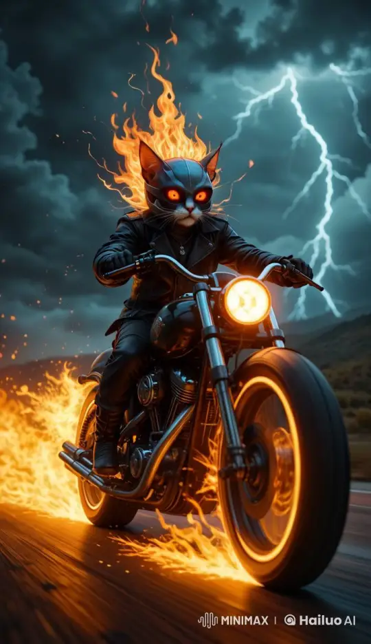 Ghost Rider Cat on Flame-Spewing Motorcycle – AI Generated Video | Hailuo AI