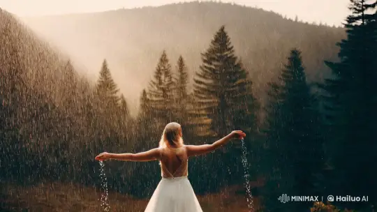 Dramatic Slow Motion: Woman Spins in Rain, Forest Backdrop – AI Generated Video | Hailuo AI