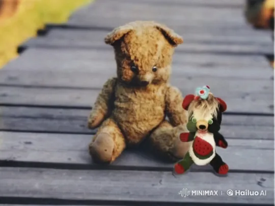 Stuffed Animals Gently Interact on Wooden Pathway – AI Generated Video | Hailuo AI
