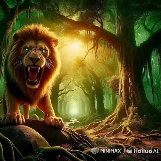 Lion Roars in Dynamic Sunlit Forest – AI Generated Video | Hailuo AI