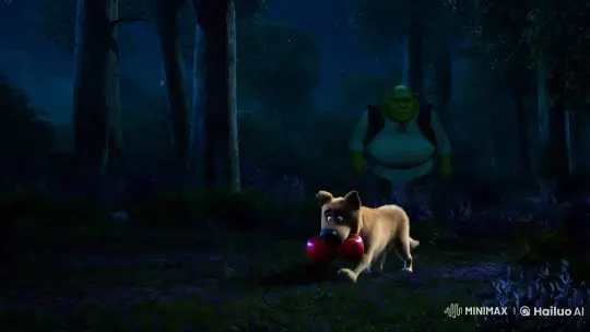Lone Dog Confronts Shadowy Figure in Enchanted Forest – AI Generated Video | Hailuo AI