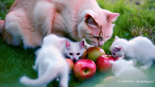 Pastel-Hued Serenity: Pink Cat Nurtures Kittens Amidst Apples – AI Generated Video | Hailuo AI