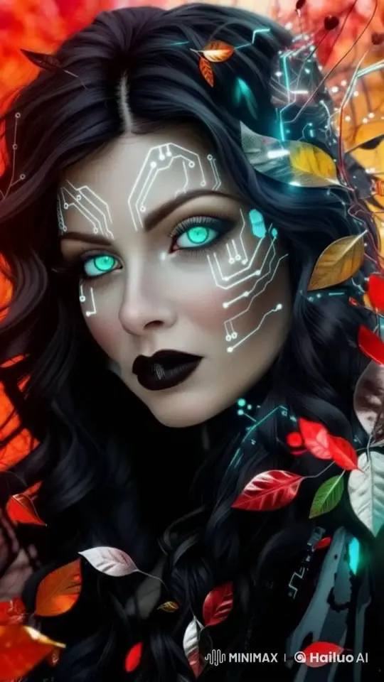 Woman with Glowing Circuit Patterns and Autumn-Inspired Aesthetic – AI Generated Video | Hailuo AI