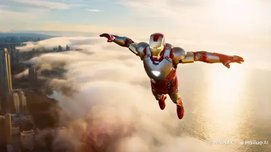 Ironman's Majestic Sky Flight in High Aesthetic Style – AI Generated Video | Hailuo AI