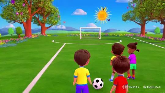 Diverse Children Playing Soccer in a Vibrant 3D Animated Field – AI Generated Video | Hailuo AI