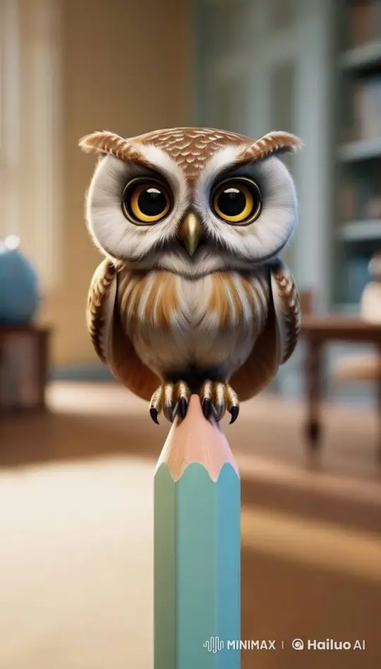 Hyperrealistic Tiny Owl on Pencil in Cozy Study Setting – AI Generated Video | Hailuo AI