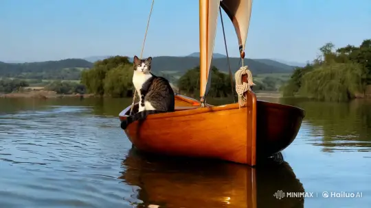 Regal Cat on Sailboat in Serene River Landscape – AI Generated Video | Hailuo AI