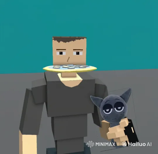 Blocky Character Witnessing Shrek-like Characters Eating and Vomiting Pizza – AI Generated Video | Hailuo AI