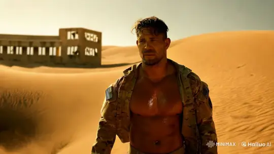 Rugged Man Crosses Desert, Haunted by Past, Shimmering in Sunlight – AI Generated Video | Hailuo AI