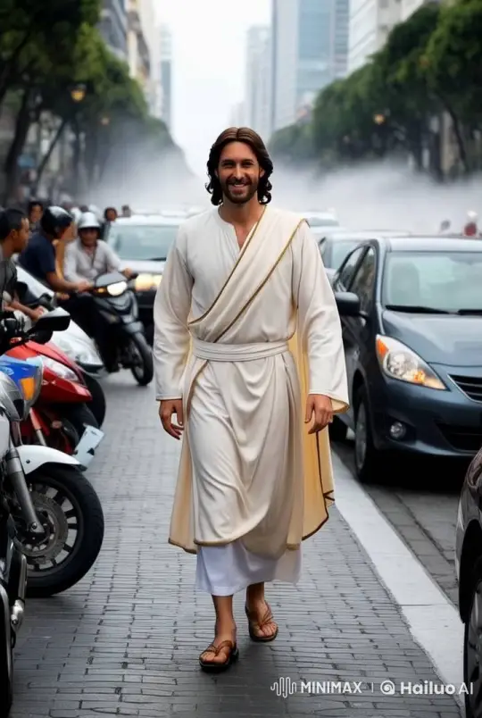 Man in White Robes Walks Calmly Through Bustling City – AI Generated Video | Hailuo AI
