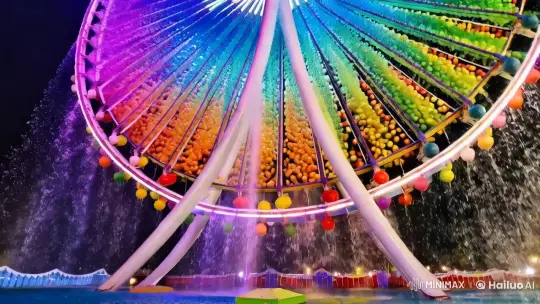 Vibrant Water Balls Cascade Down Giant Wheel – AI Generated Video | Hailuo AI