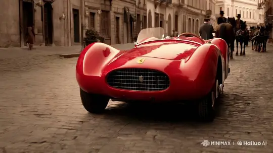 Vintage City Streets Meet Modern Ferrari in Artistic Blend – AI Generated Video | Hailuo AI