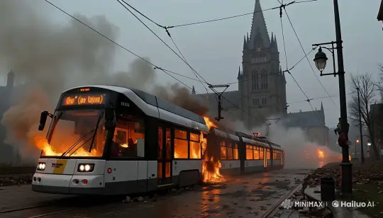 Urban Tram Fire in Live2D Animation Style – AI Generated Video | Hailuo AI