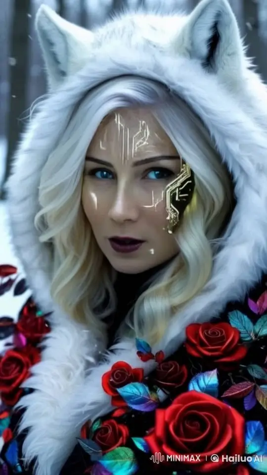 Mystical Woman in Snowy Forest with Flowing Hair and Circuit-Eyed Design – AI Generated Video | Hailuo AI