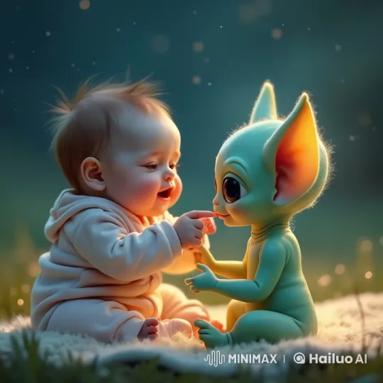 Dreamy Meadow: Human and Alien Babies' Tender Touch – AI Generated Video | Hailuo AI