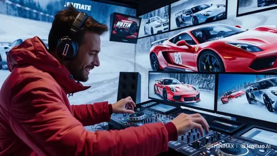 DJ Enjoys Mixing Music with Sports Car Slideshow – AI Generated Video | Hailuo AI