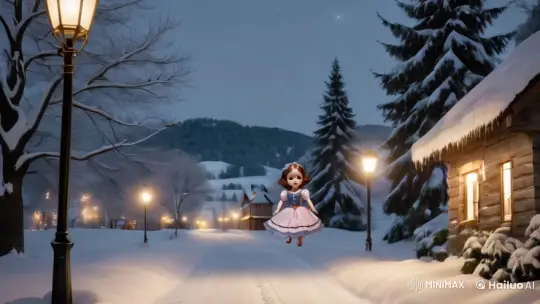 Joyful Girl in Winter Wonderland Approaches Cozy Cabin – AI Generated Video | Hailuo AI