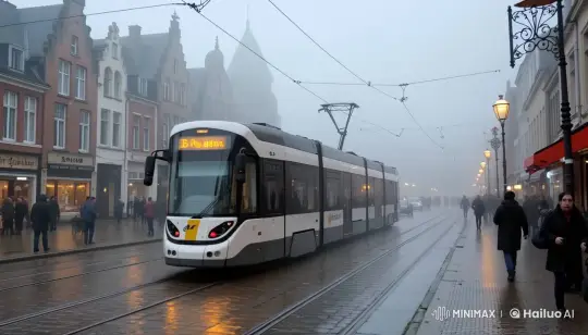 European Town Tram Glides Through Foggy Street – AI Generated Video | Hailuo AI