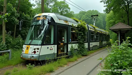 Abandoned Tram Overgrown in Forest with Deer Encounter – AI Generated Video | Hailuo AI