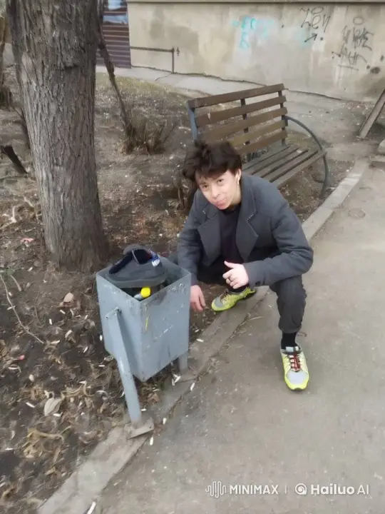 Young Man Hugs Trash Can on Gray Sidewalk – AI Generated Video | Hailuo AI