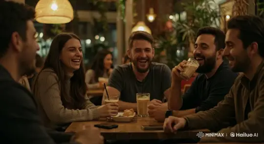Friends Enjoying Laughter and Conversation in a Cozy Cafe – AI Generated Video | Hailuo AI