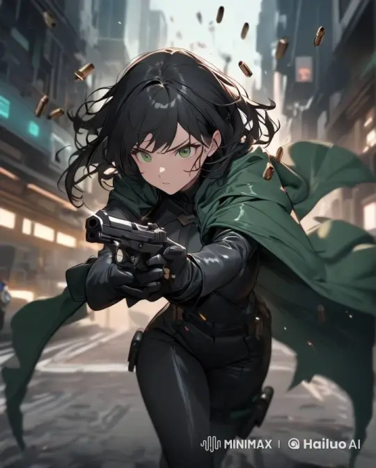 Woman Fires Gun in Dynamic Cityscape Slow Motion – AI Generated Video | Hailuo AI