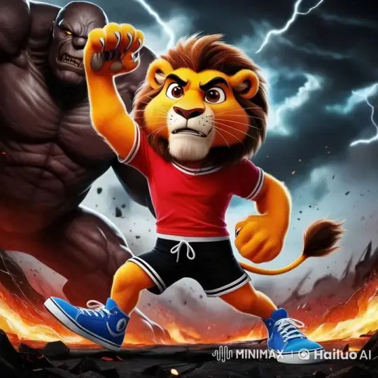Heroic Lion Faces Menacing Creature in Stormy Volcano Scene – AI Generated Video | Hailuo AI