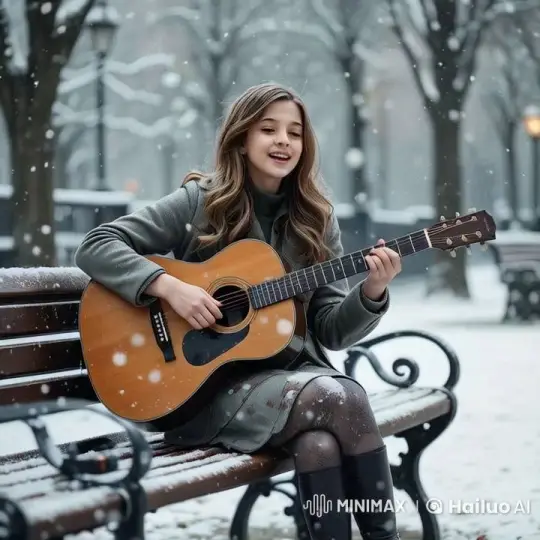 Girl Plays Guitar in Serene Winter Park – AI Generated Video | Hailuo AI